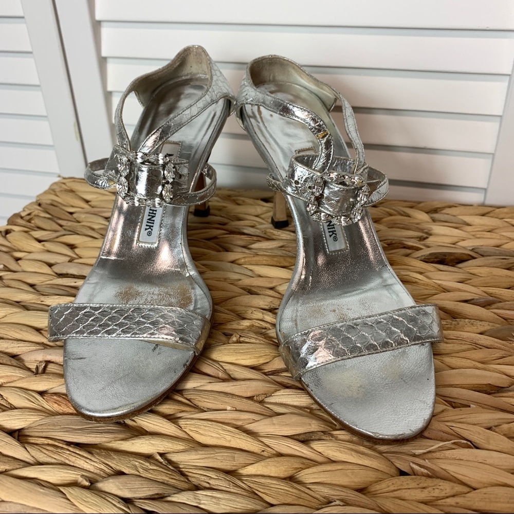 Manolo Blahnik Silver Snake Skin Style Slip On Heel Sandals, Crystals, Size 36.5